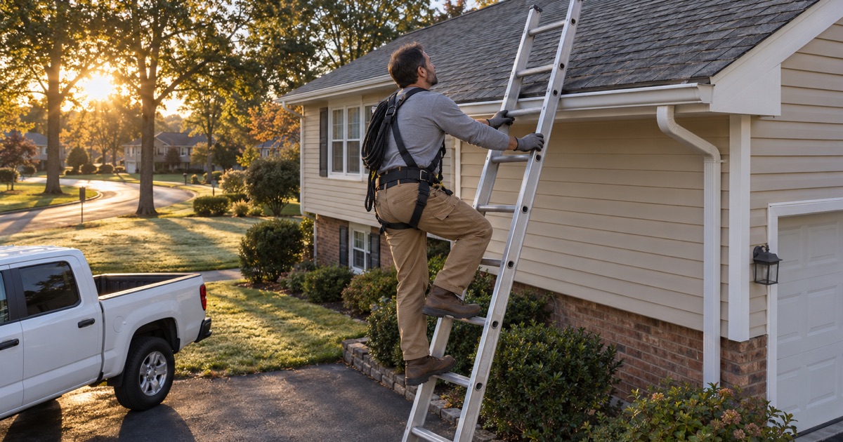 A roofer climbing to the eave of a Wayne split-level at sunrise, a coiled harness rope over his shoulder at the start of a job.
