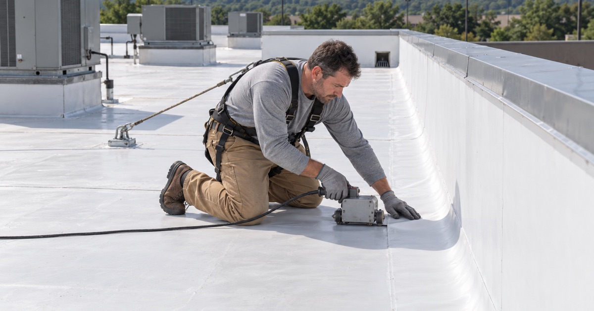 A hot-air welder run along a TPO seam on the roof of a one-story strip retail building in Wayne.