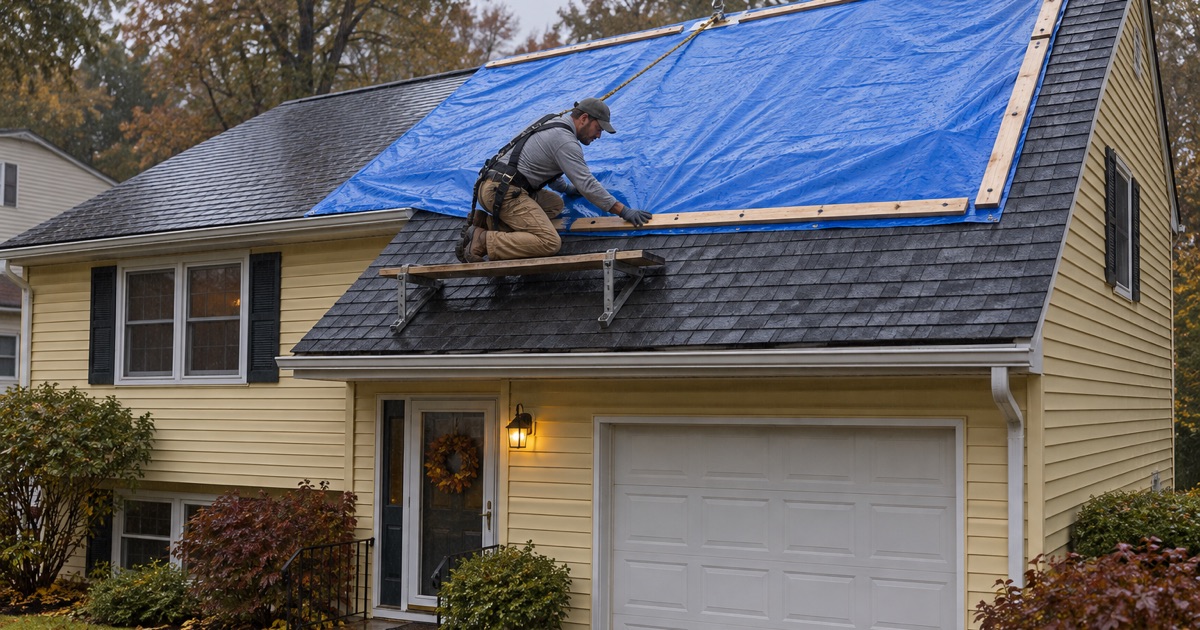 An emergency tarp battened over the ridge of a Wayne split-level in the rain, the opening dried in the same day.