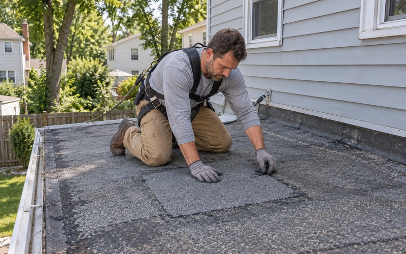 A new modified bitumen patch pressed down over a split seam on the flat roof of a rear kitchen extension in Wayne.
