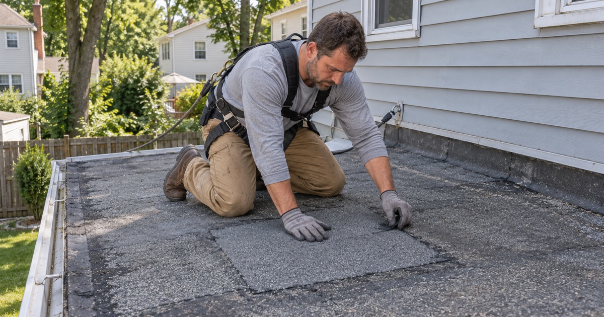 A new modified bitumen patch pressed down over a split seam on the flat roof of a rear kitchen extension in Wayne.