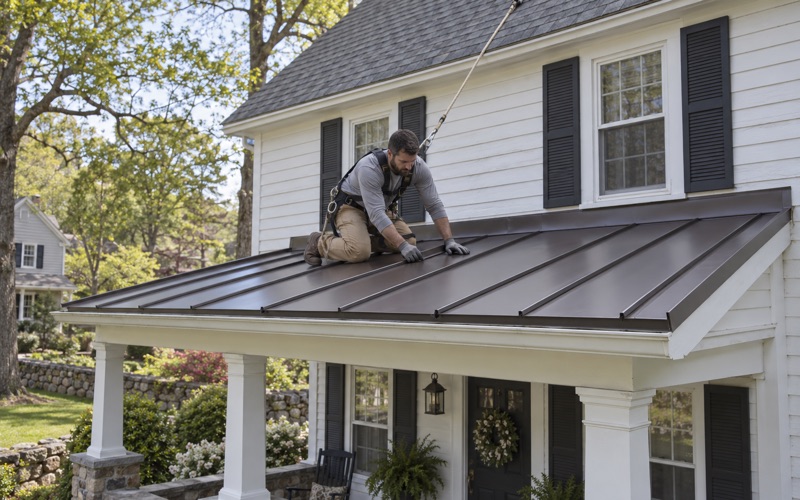 Dark bronze steel roofing with raised seams laid on the low porch roof of an older Wayne farmhouse.