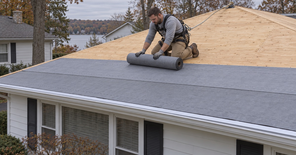 Synthetic underlayment rolled out over a new plywood deck on the low hip roof of a Packanack Lake ranch in Wayne.
