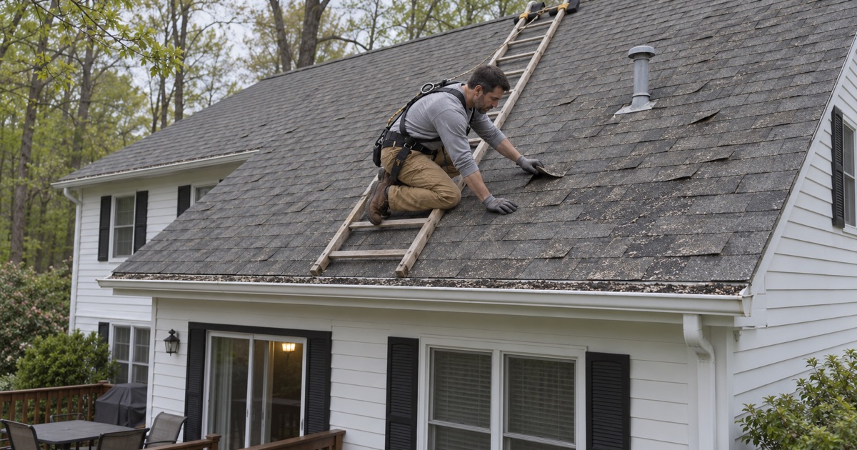An aging three-tab roof inspected from a roof ladder on a Wayne colonial, cupped corners and loose granules in the gutter.