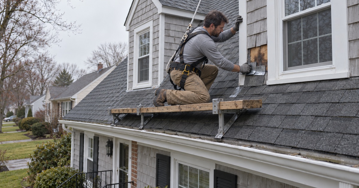 Bent step flashing found behind the siding of a front dormer on a Wayne Cape Cod, the source of a ceiling leak.