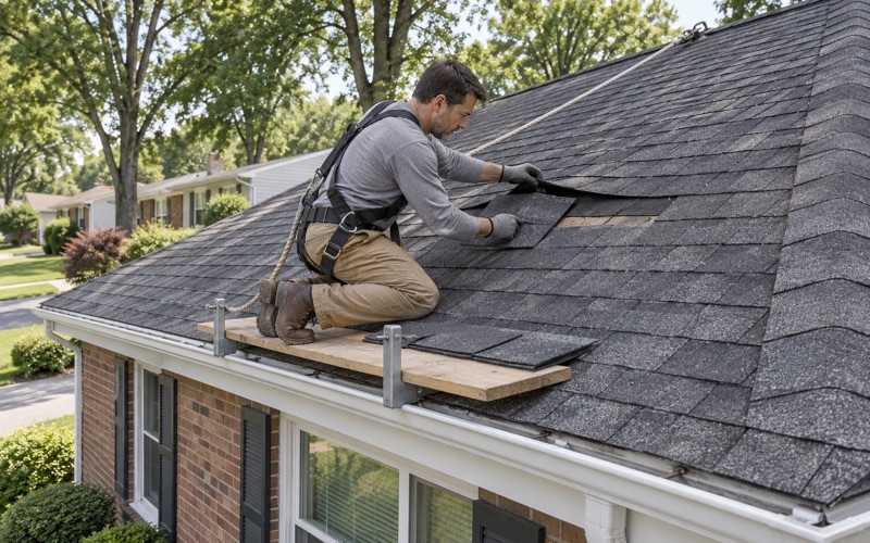 A matching shingle slid up into a gap left by three cracked tabs on a brick-front ranch in Wayne's Preakness section.