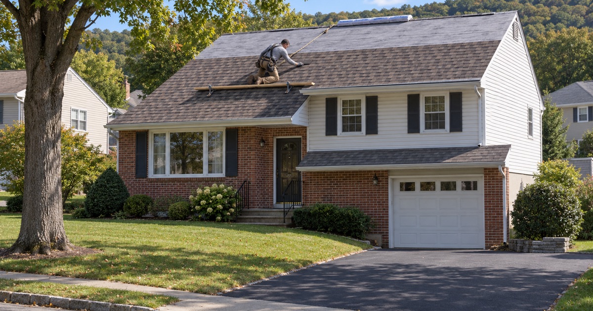 A roofer setting new weathered-wood shingles on the upper roof of a 1960s split-level on a curving Wayne Township street.