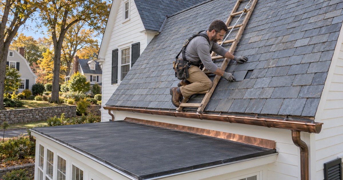 A replacement slate set into the steep roof of a prewar Wayne house above a flat rubber sunroom roof, two roof types on one home.