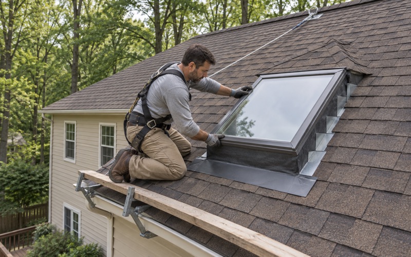Step flashing woven up the curb of a new skylight on the rear slope of a 1980s Wayne colonial, a cricket shedding water above it.