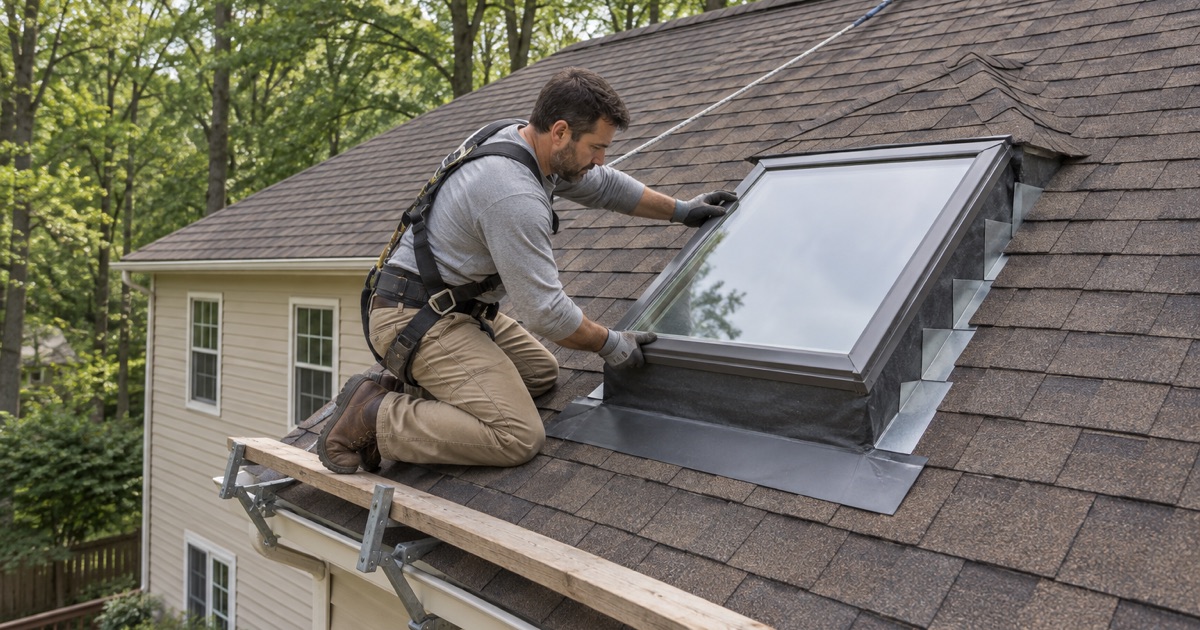 Step flashing woven up the curb of a new skylight on the rear slope of a 1980s Wayne colonial, a cricket shedding water above it.