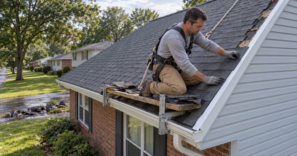 Wind-peeled shingles along the rake of a Wayne raised ranch replaced after a summer thunderstorm, on a new drip edge.