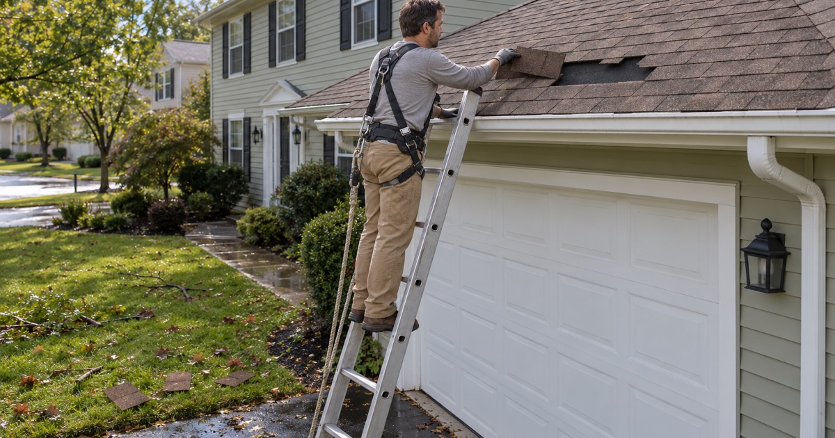 A torn shingle picked up from the lawn held against the gap it blew out of on a Wayne colonial’s garage roof after a storm.